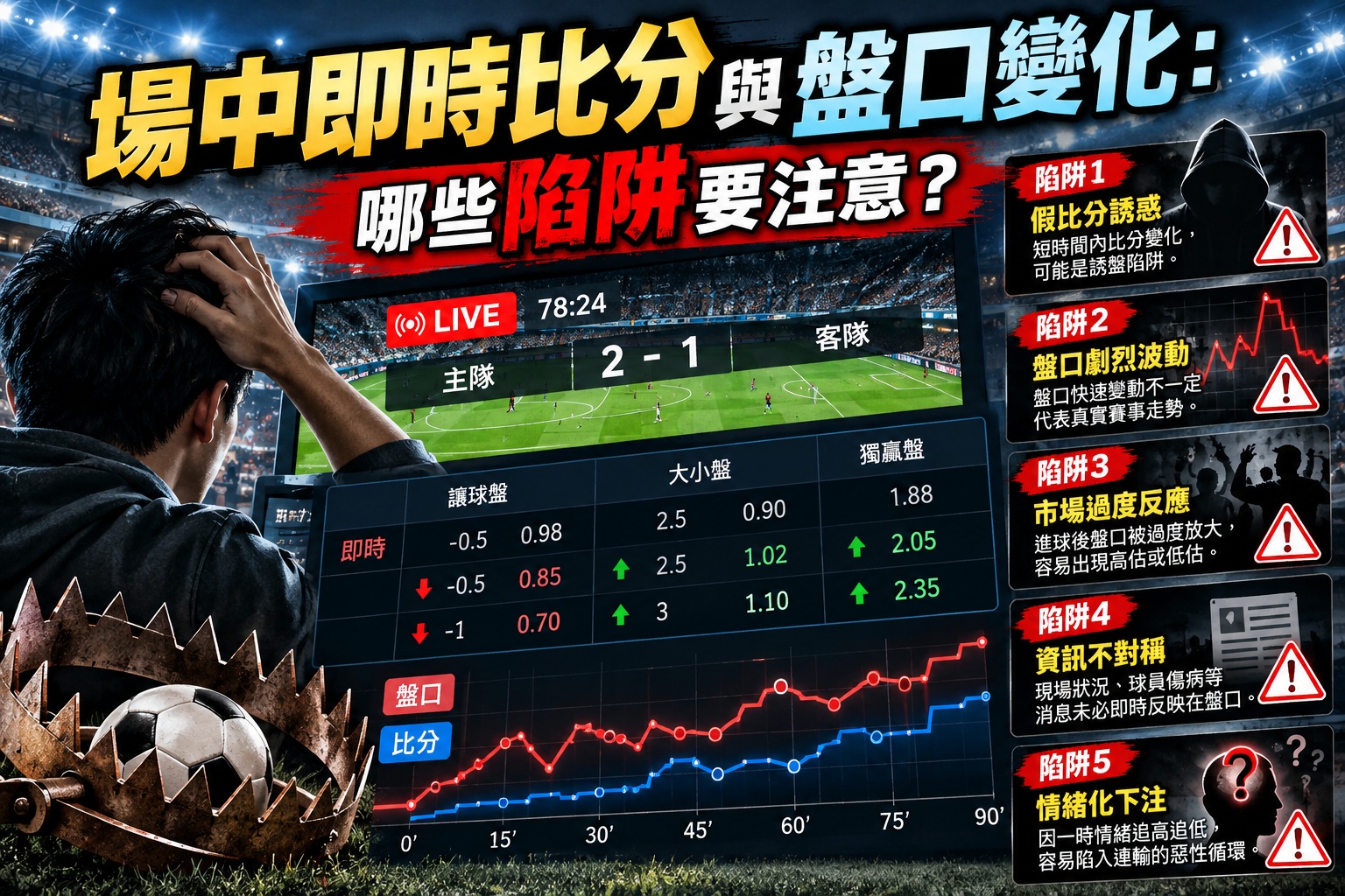 透過即時比分畫面、賠率走勢圖與盤口變化,解析場中投注常見的數據波動與潛在風險。 揭露假比分誘惑、盤口劇烈變動、資訊不對稱及情緒化下注等五大陷阱,提醒玩家理性分析、避免盲目追單。